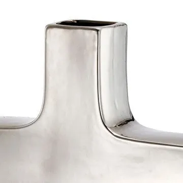 16 Inch Modern Vase, Artisanal Keyhole Design, Metallic Silver Stoneware By Casagear Home