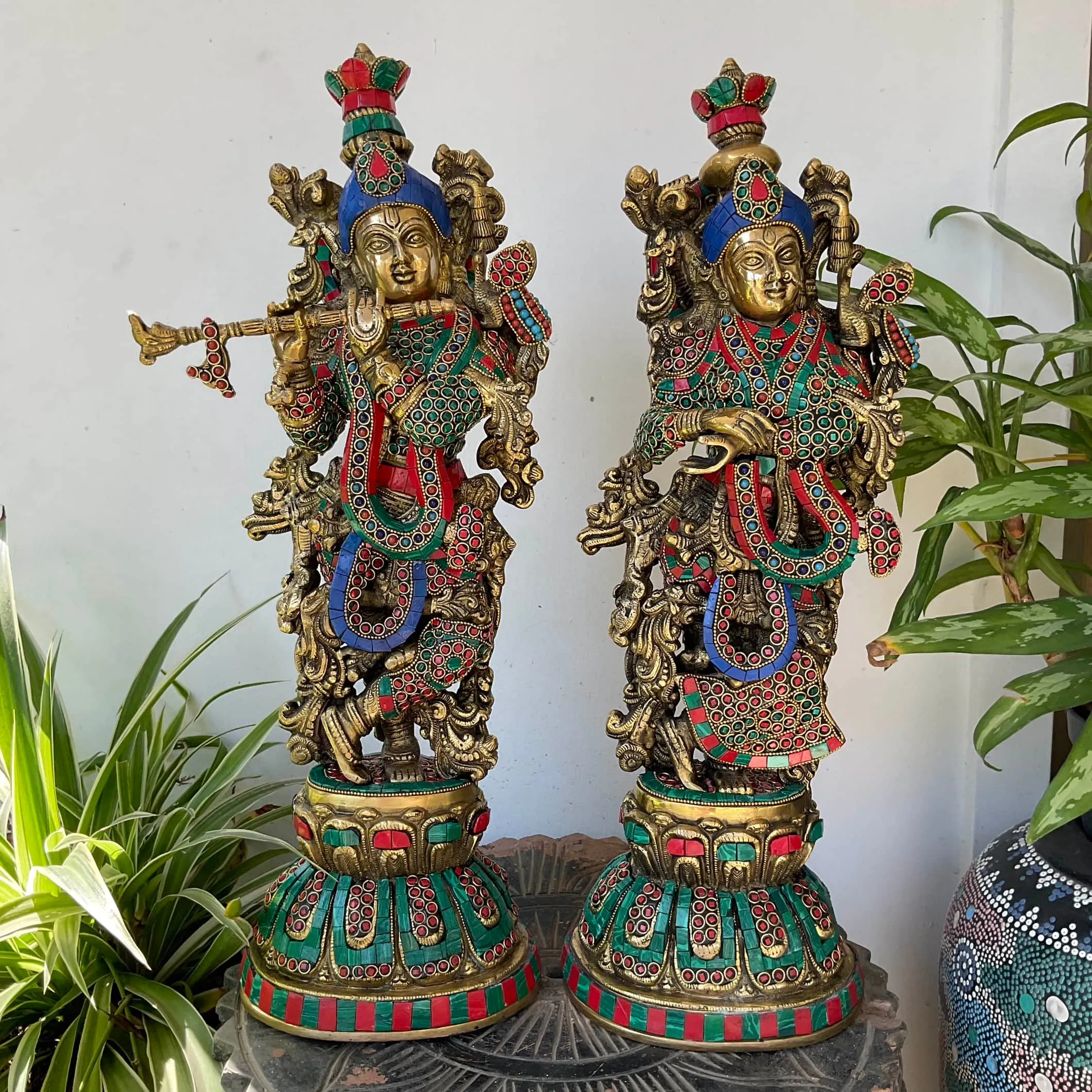 20 Inches Radha Krishna Idol Brass Stonework, God of Love, Decorative Statue Figurines