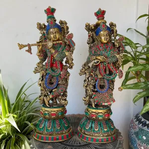 20 Inches Radha Krishna Idol Brass Stonework, God of Love, Decorative Statue Figurines