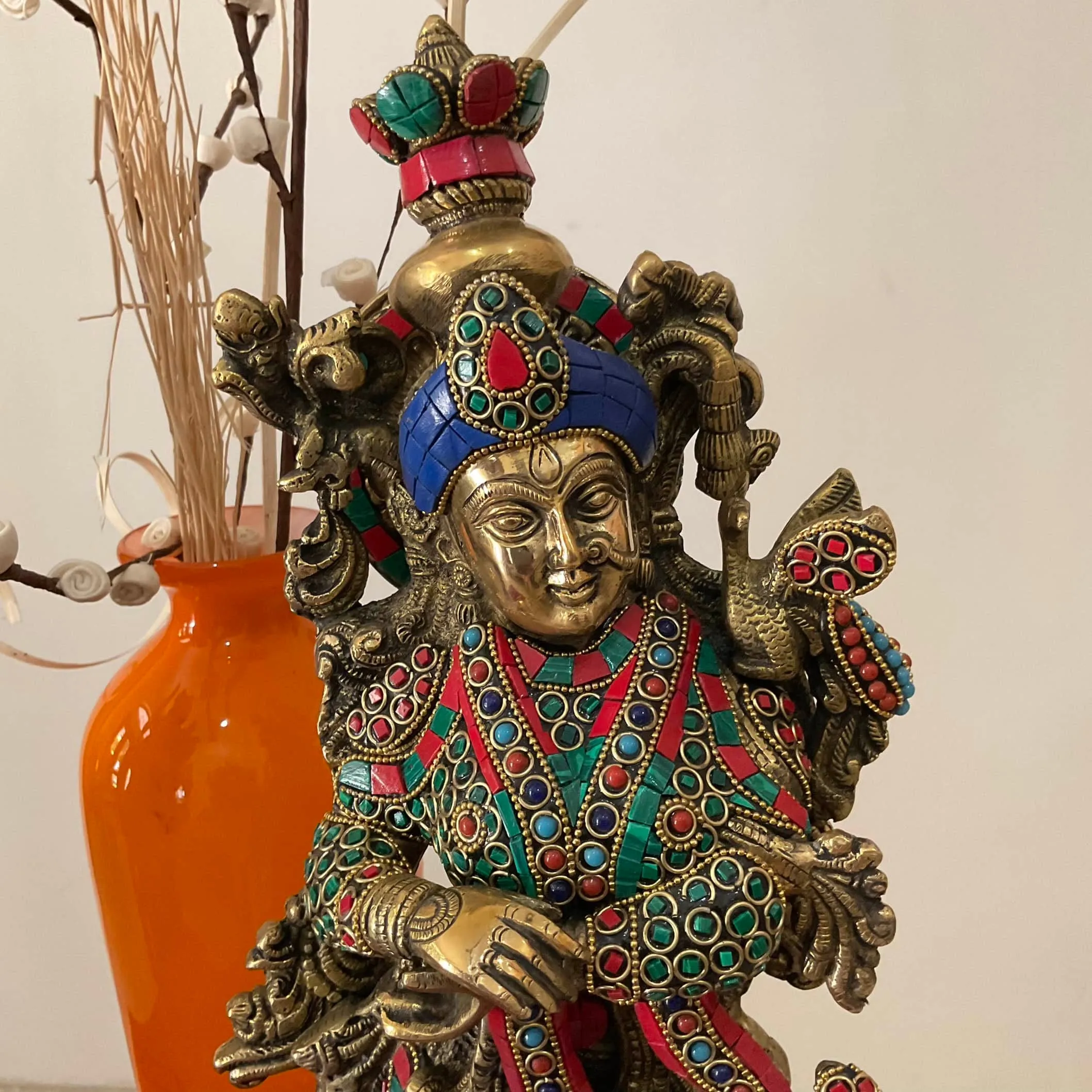 20 Inches Radha Krishna Idol Brass Stonework, God of Love, Decorative Statue Figurines