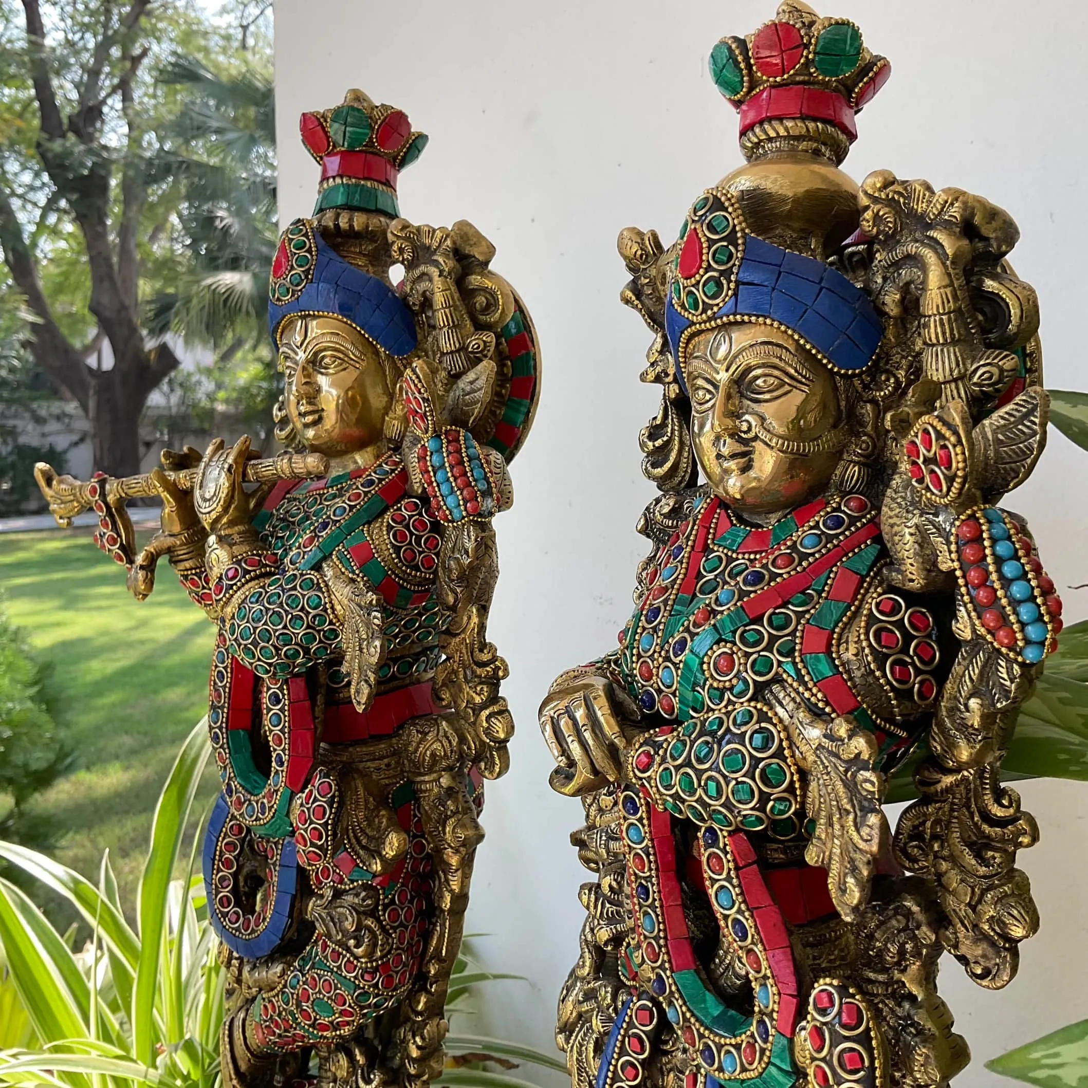 20 Inches Radha Krishna Idol Brass Stonework, God of Love, Decorative Statue Figurines