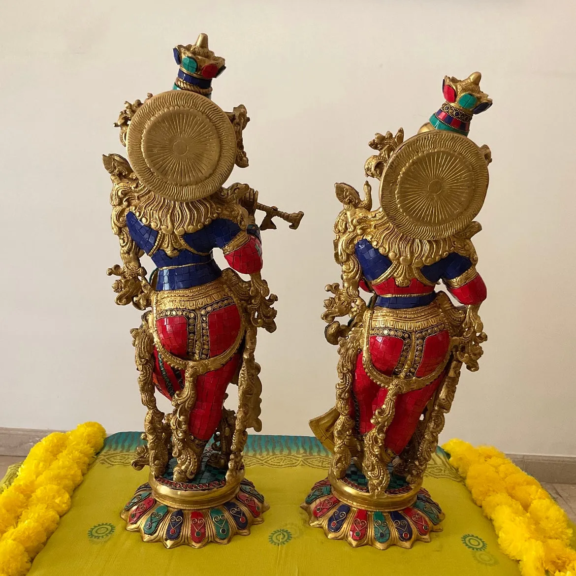 25 Inches Radha Krishna Idol Brass Stonework - Handmade Decorative Figurines