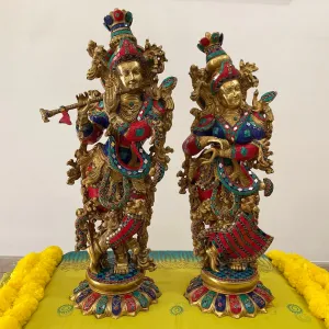 25 Inches Radha Krishna Idol Brass Stonework - Handmade Decorative Figurines