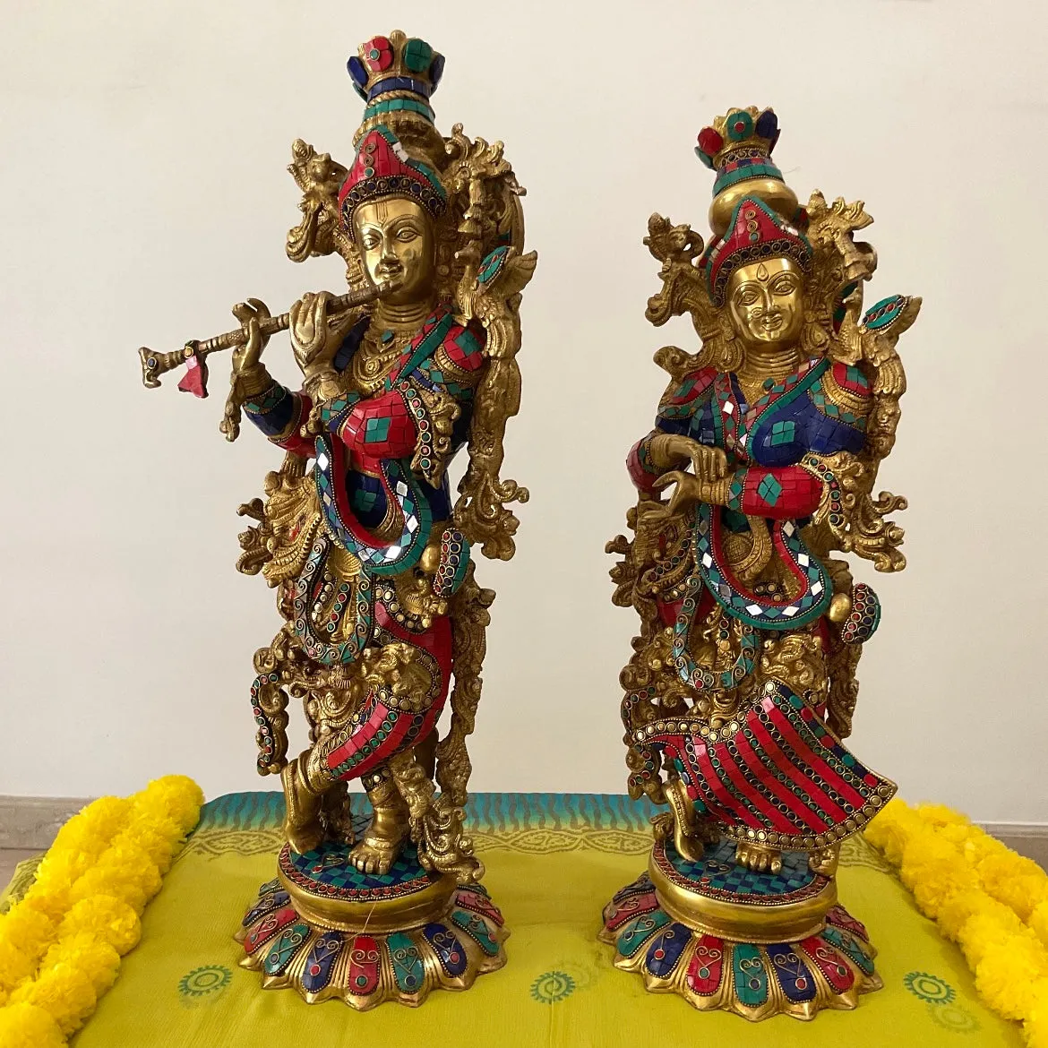 25 Inches Radha Krishna Idol Brass Stonework - Handmade Decorative Figurines