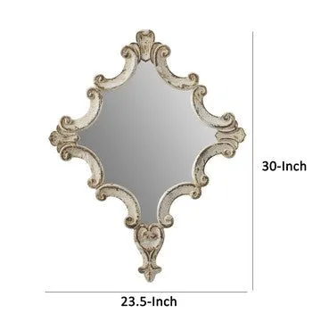 30 Inch Accent Wall Mirror, Carved Ornate Scrollwork Antique White Fir Wood By Casagear Home