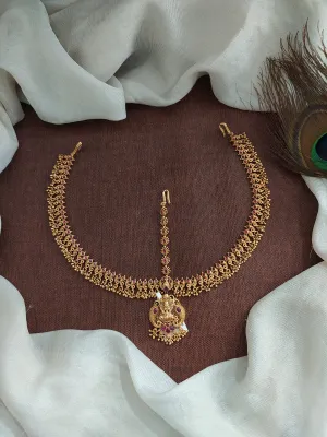 Antique Copper Finish Tikka Set with Lakshmi Design and Red & Golden Ball Hangings