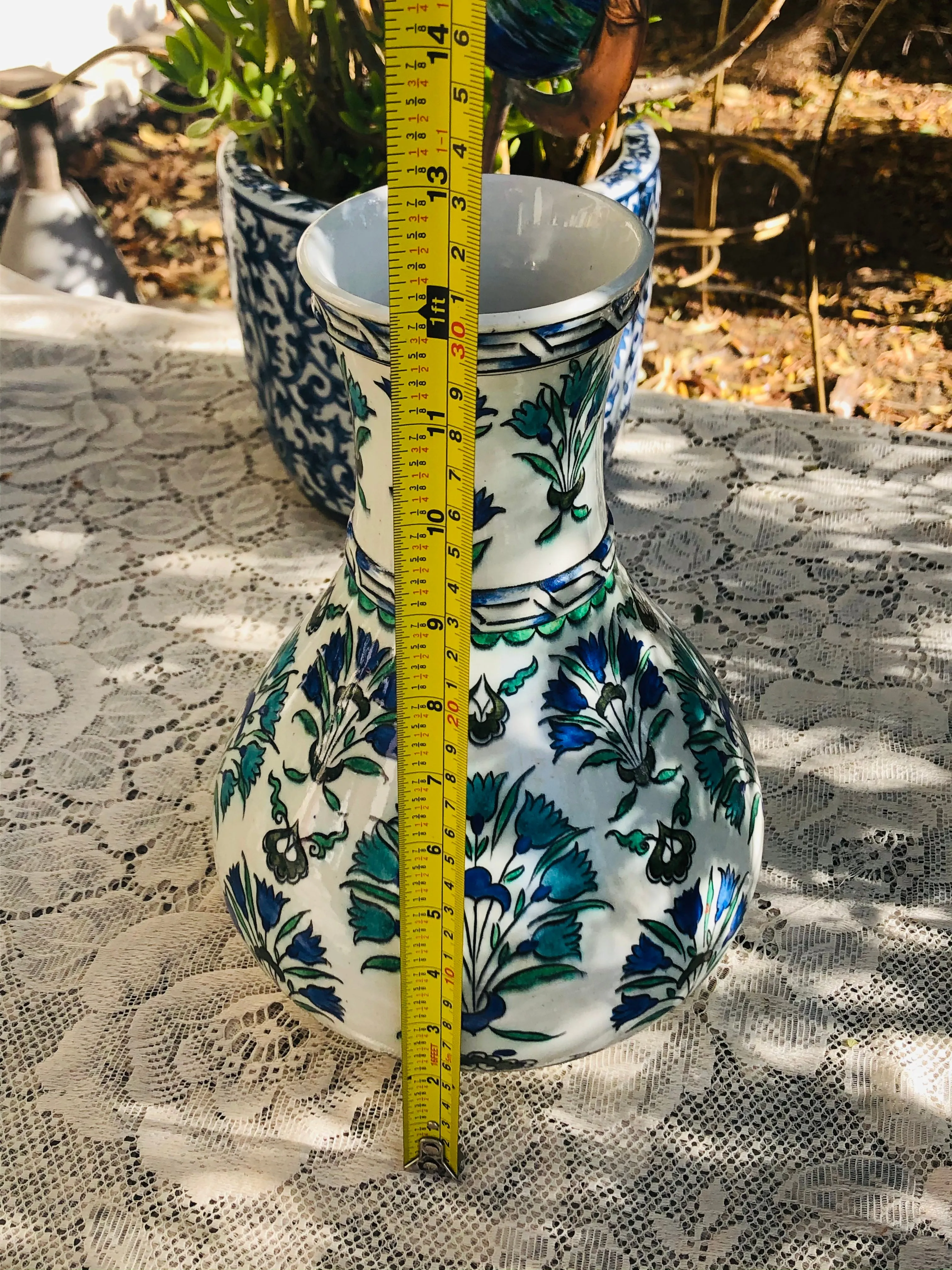 Antique French Floral White Blue Green 1ft Flower Vase Signed Made in France