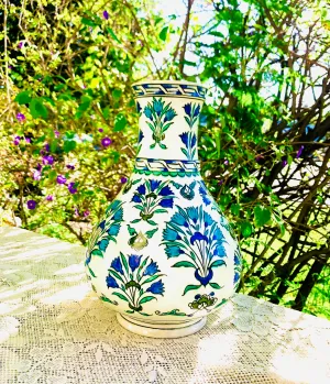 Antique French Floral White Blue Green 1ft Flower Vase Signed Made in France