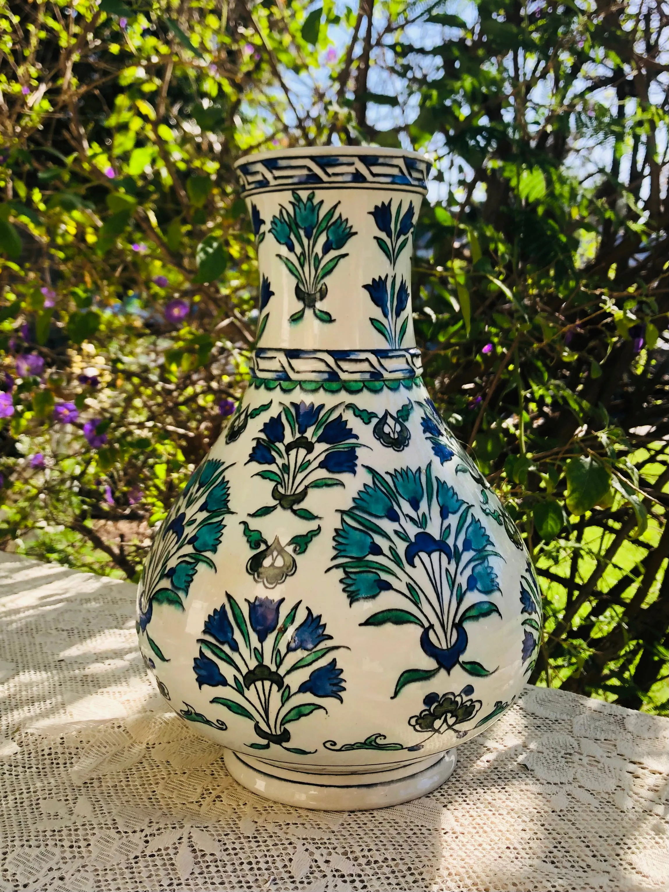 Antique French Floral White Blue Green 1ft Flower Vase Signed Made in France