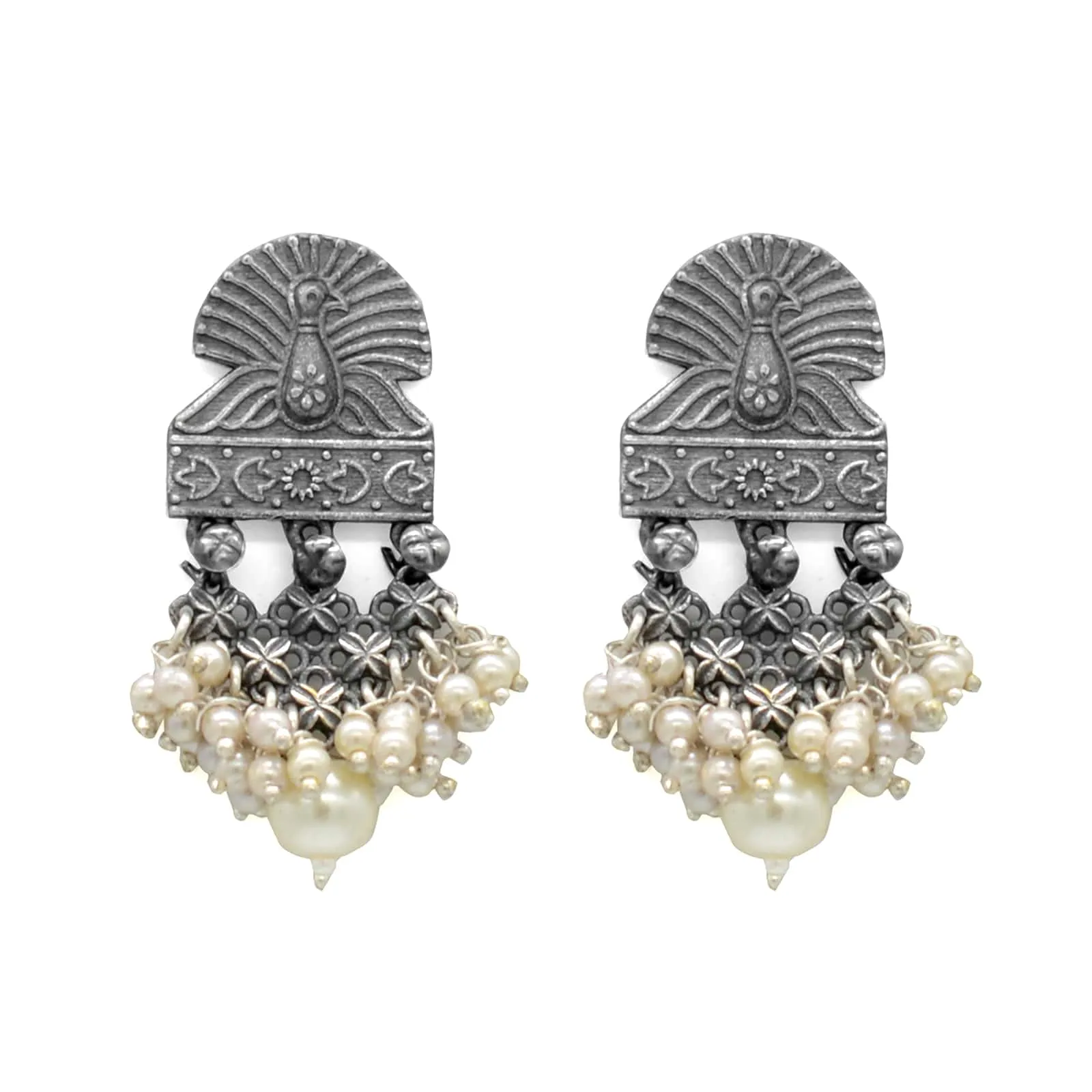 Antique Silver Peacock Pearl Earrings