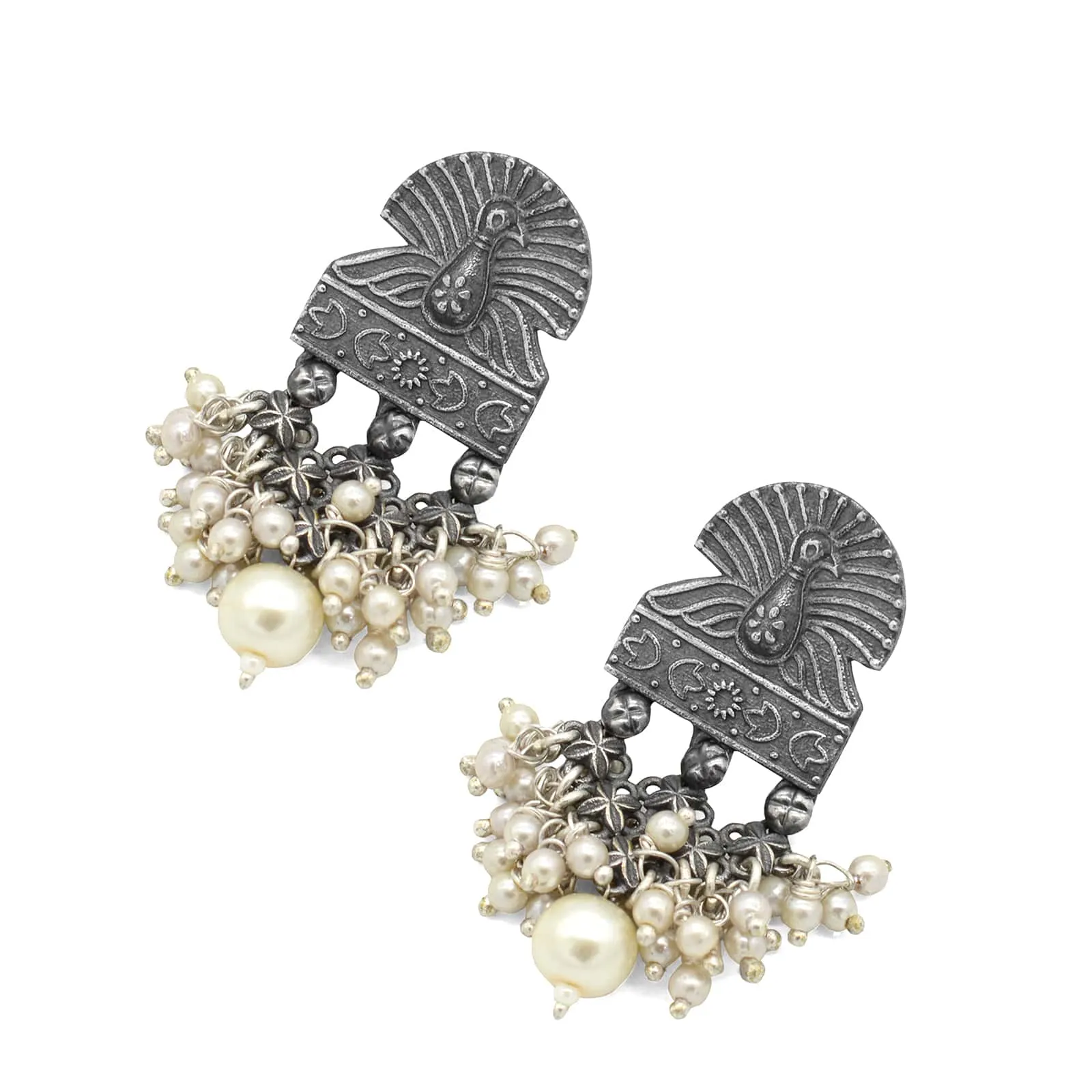 Antique Silver Peacock Pearl Earrings