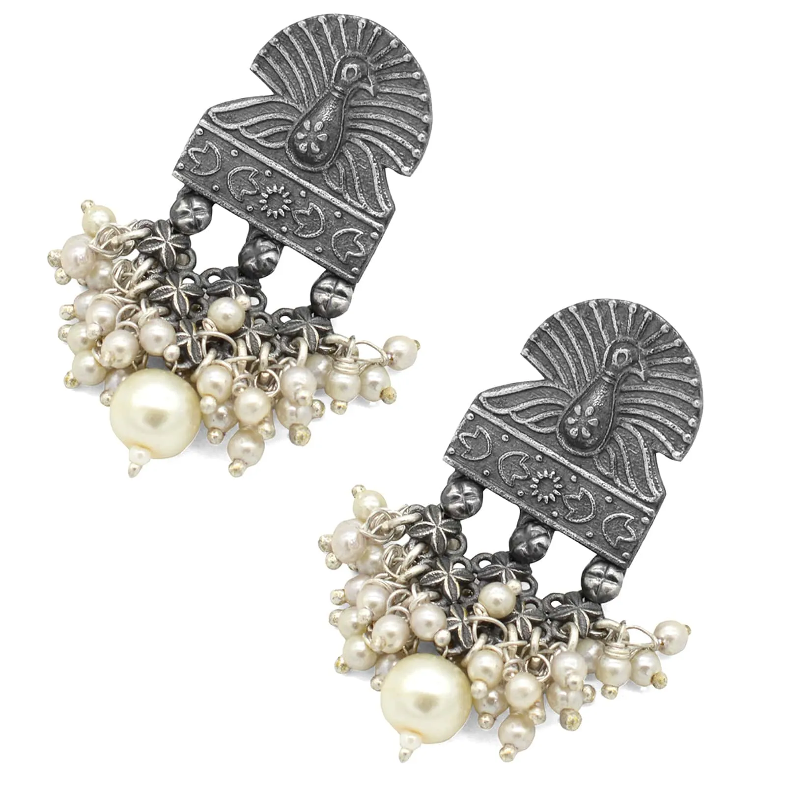 Antique Silver Peacock Pearl Earrings