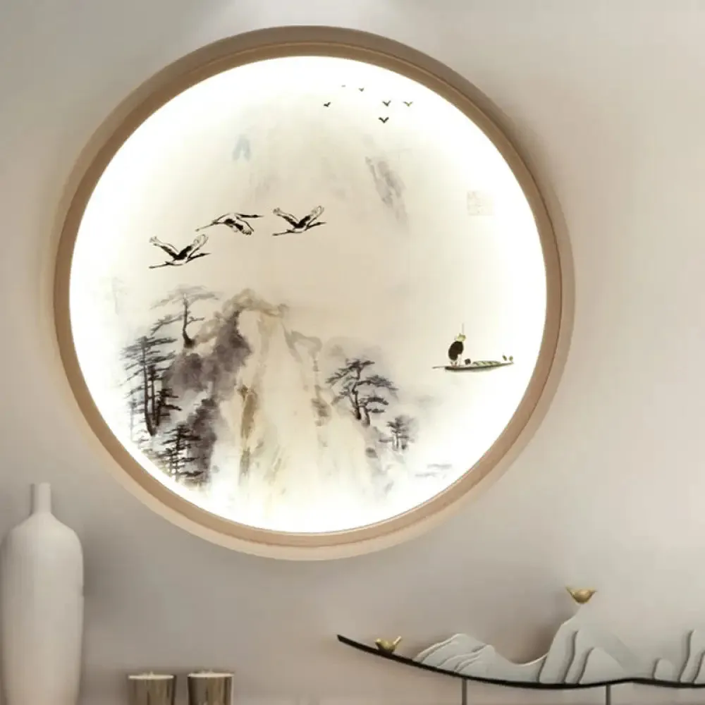 Asia Style LED Wall Light with Circular Metallic Pine Tree and Bird Design