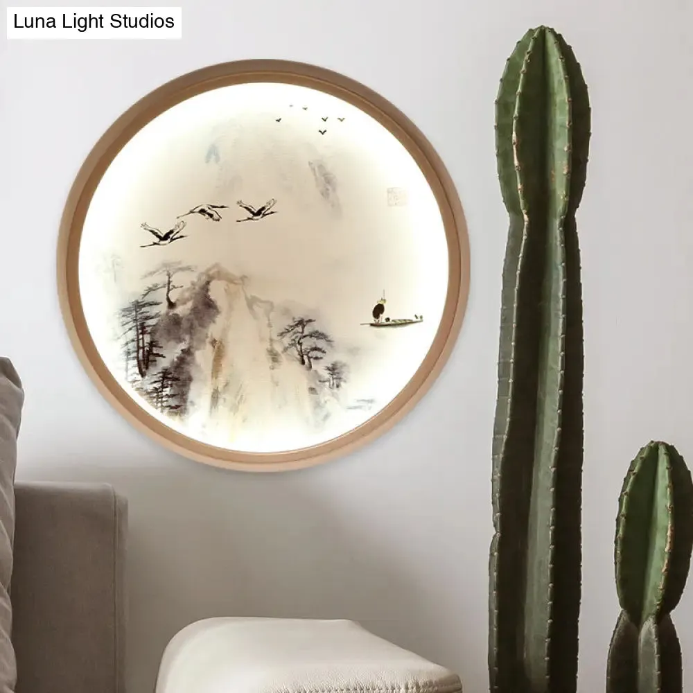 Asia Style LED Wall Light with Circular Metallic Pine Tree and Bird Design