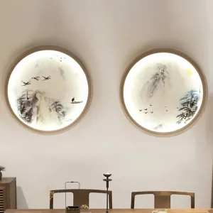 Asia Style LED Wall Light with Circular Metallic Pine Tree and Bird Design