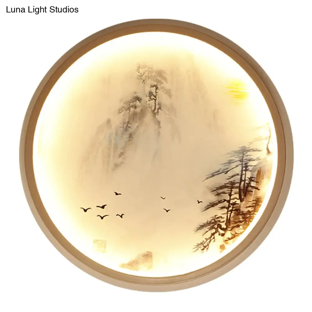 Asia Style LED Wall Light with Circular Metallic Pine Tree and Bird Design