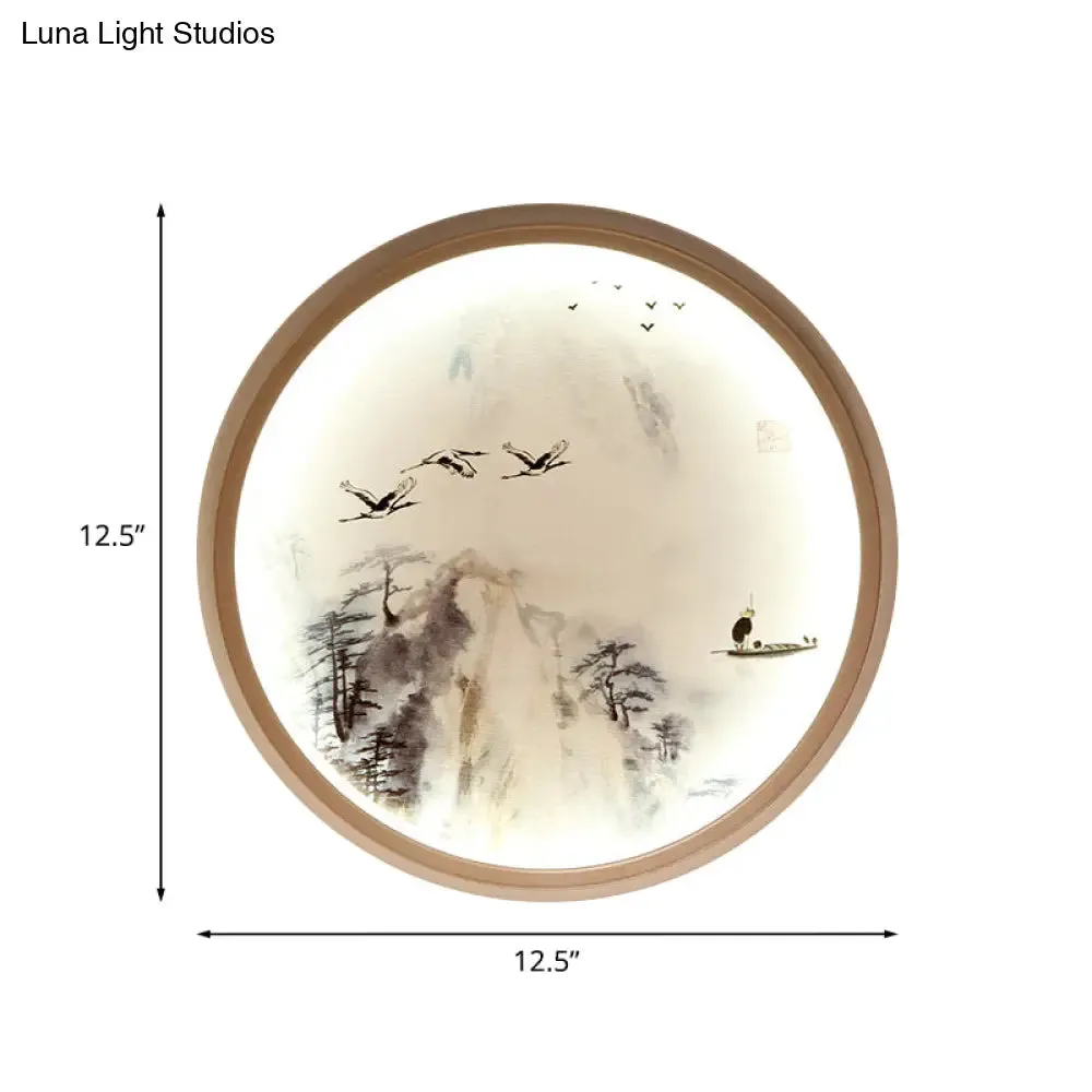 Asia Style LED Wall Light with Circular Metallic Pine Tree and Bird Design