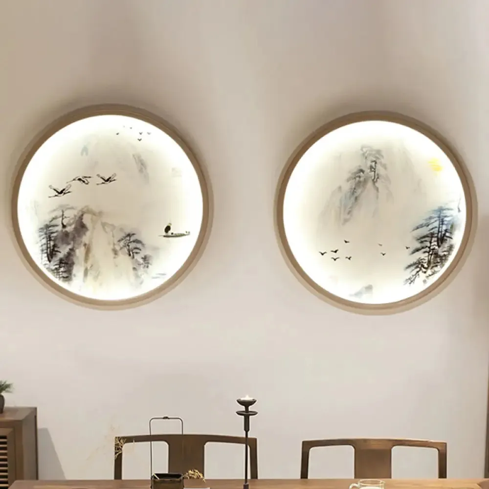Asia Style LED Wall Light with Circular Metallic Pine Tree and Bird Design