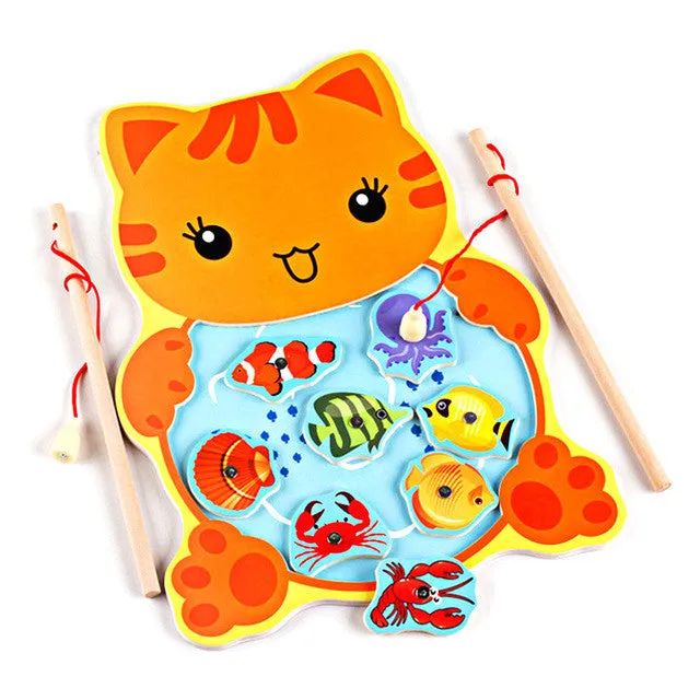 Baby Toys Kids Magnetic Fishing Game Board Cartoon Frog Cat Wooden Jigsaw Puzzle Educational Toys for Children