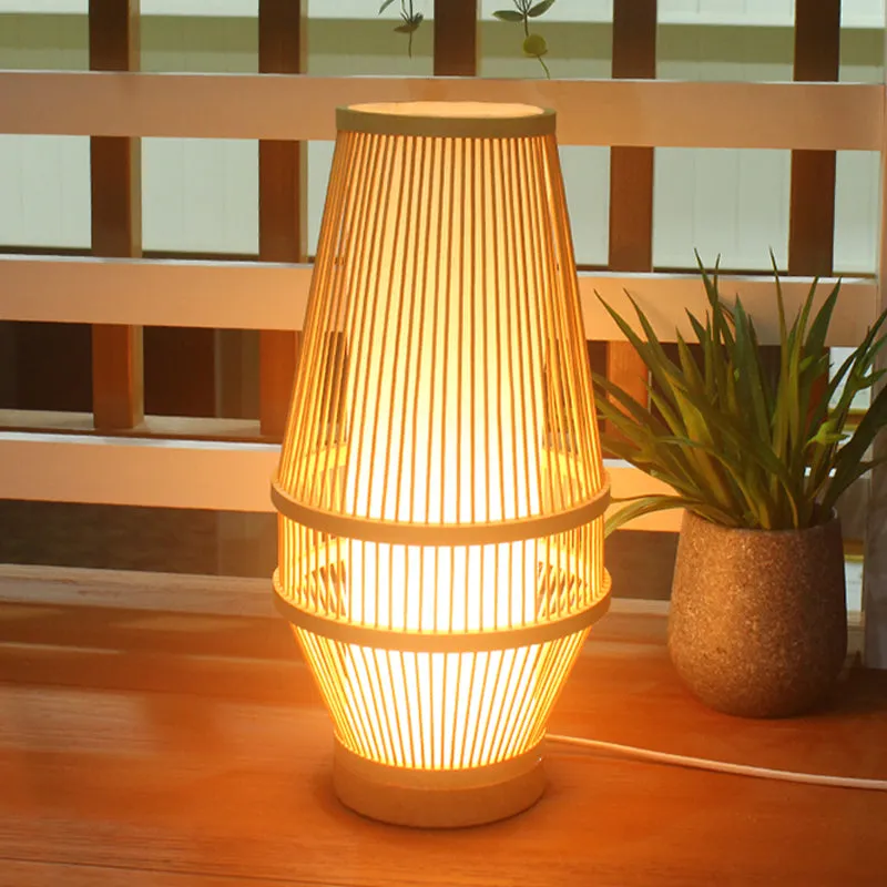 Bamboo Desk Lamp - Japanese Style with Beige Shade and Tubular Inner Light