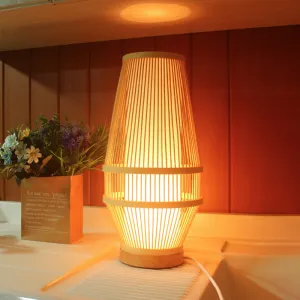 Bamboo Desk Lamp - Japanese Style with Beige Shade and Tubular Inner Light