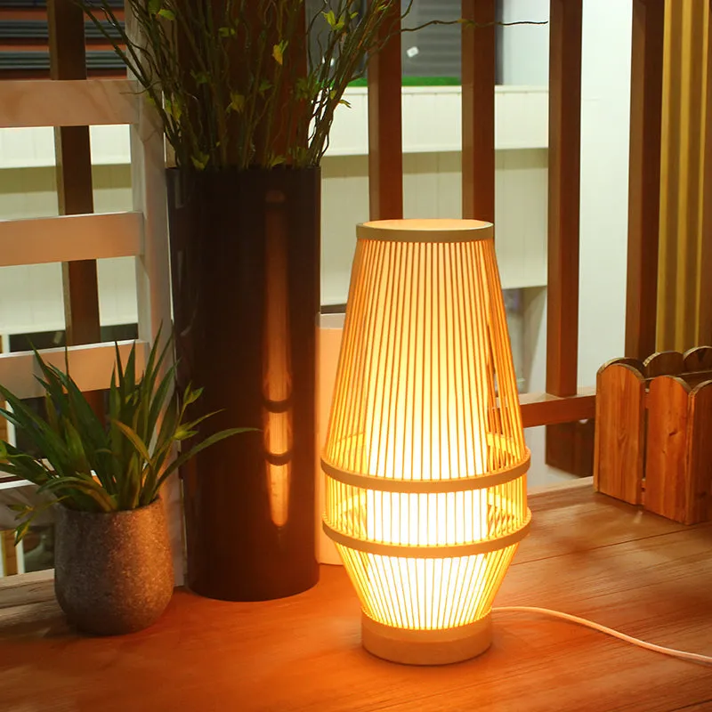 Bamboo Desk Lamp - Japanese Style with Beige Shade and Tubular Inner Light