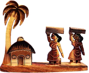 Bankura Traditional Art Center Wooden handicrafts Farmer Girls Showpiece -Table Decoration and Wall Mounted Home Decor Toy for Kids 15 cm Length, Clear,1 Piec