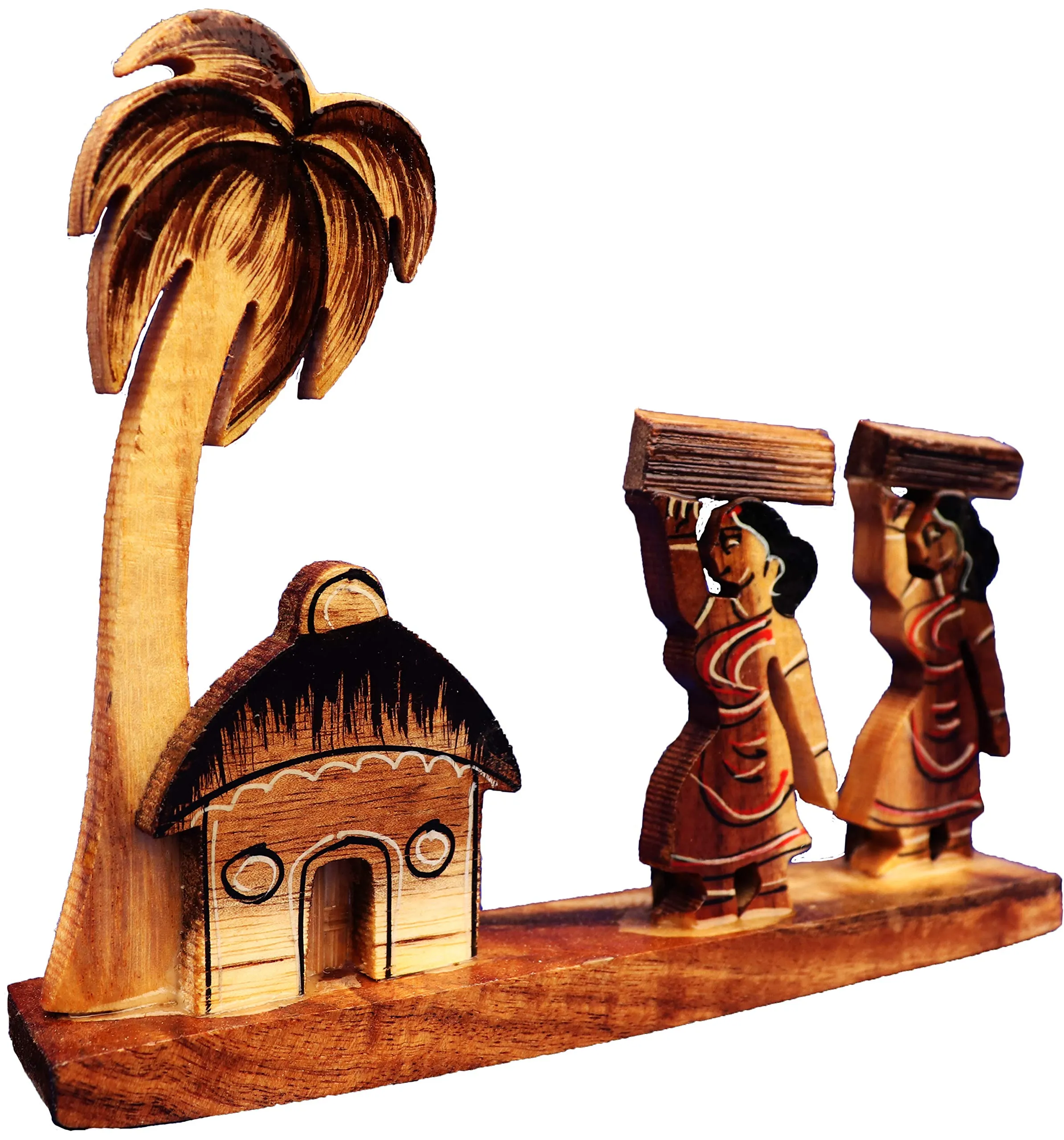 Bankura Traditional Art Center Wooden handicrafts Farmer Girls Showpiece -Table Decoration and Wall Mounted Home Decor Toy for Kids 15 cm Length, Clear,1 Piec