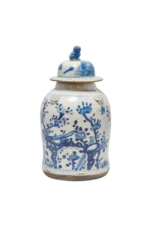 Blue and White Vintage Temple Jar w/ Plum Lily Pad Motif, Small