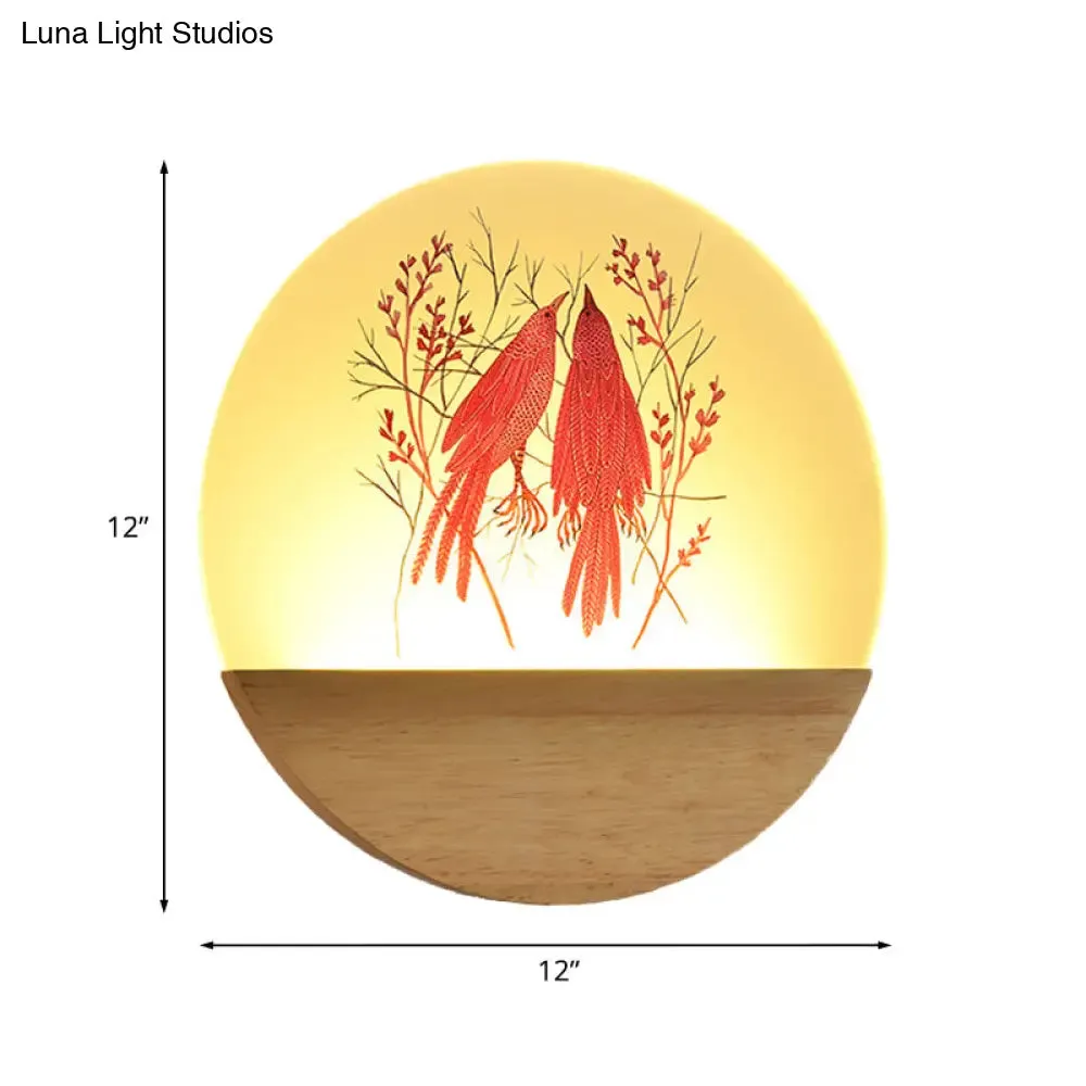 Chinese Style Wood Round Bird and Tree LED Acrylic Wall Light - Ideal Bedside Lighting