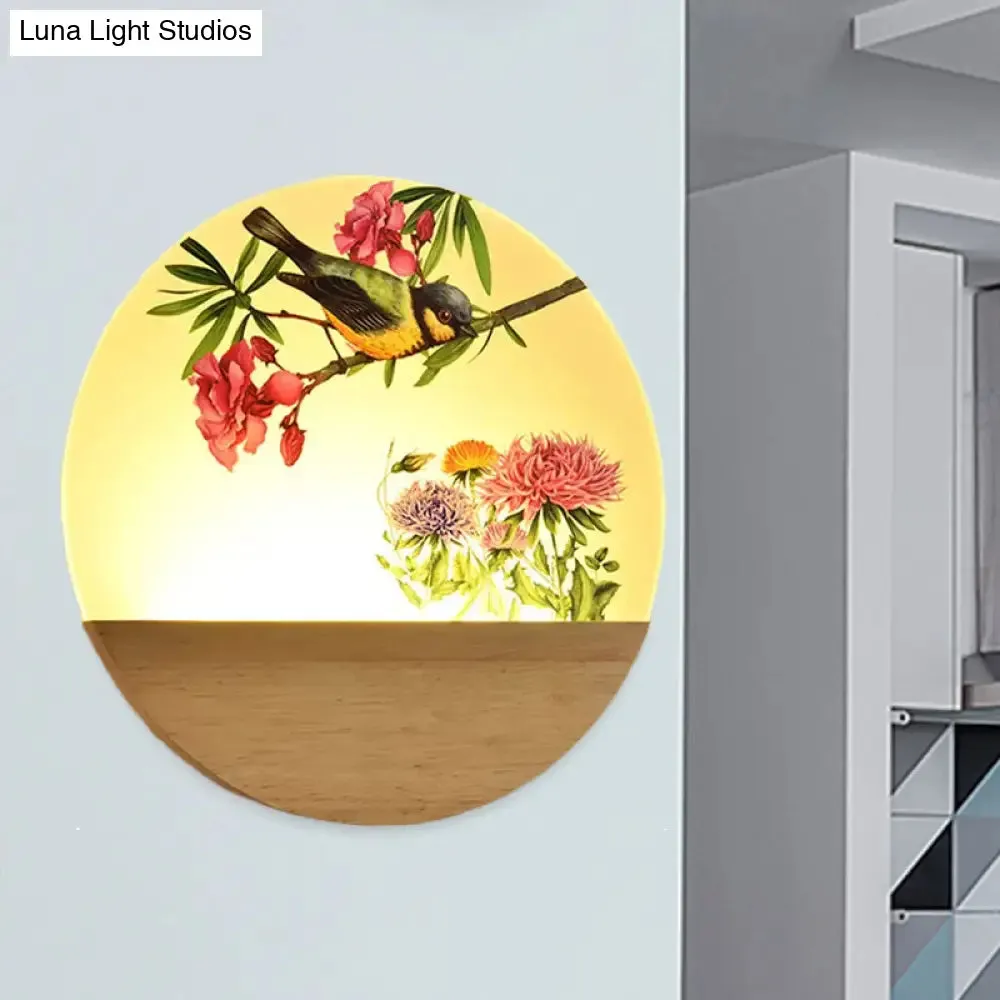 Chinese Style Wood Round Bird and Tree LED Acrylic Wall Light - Ideal Bedside Lighting