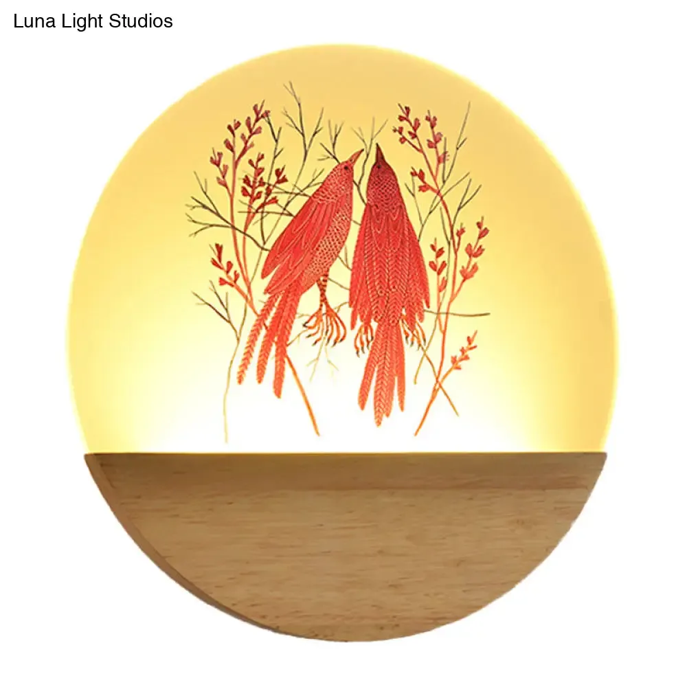 Chinese Style Wood Round Bird and Tree LED Acrylic Wall Light - Ideal Bedside Lighting
