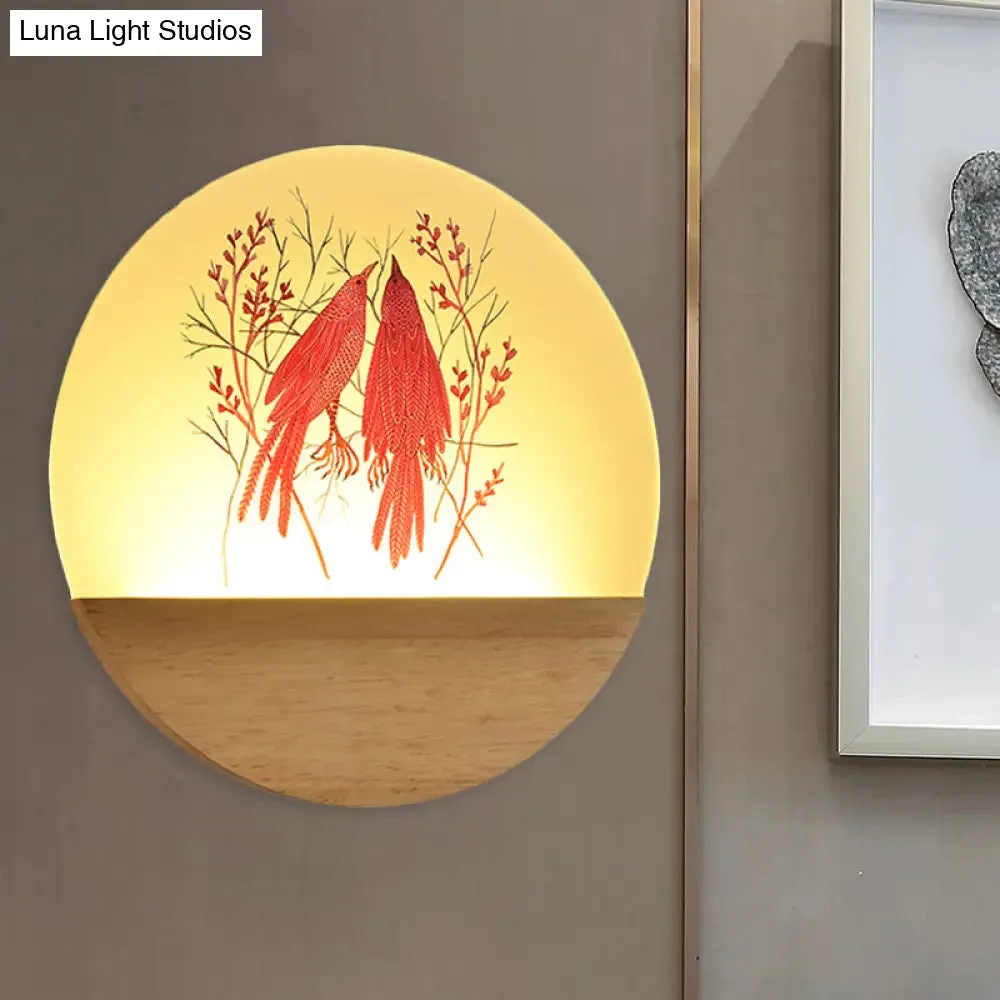 Chinese Style Wood Round Bird and Tree LED Acrylic Wall Light - Ideal Bedside Lighting