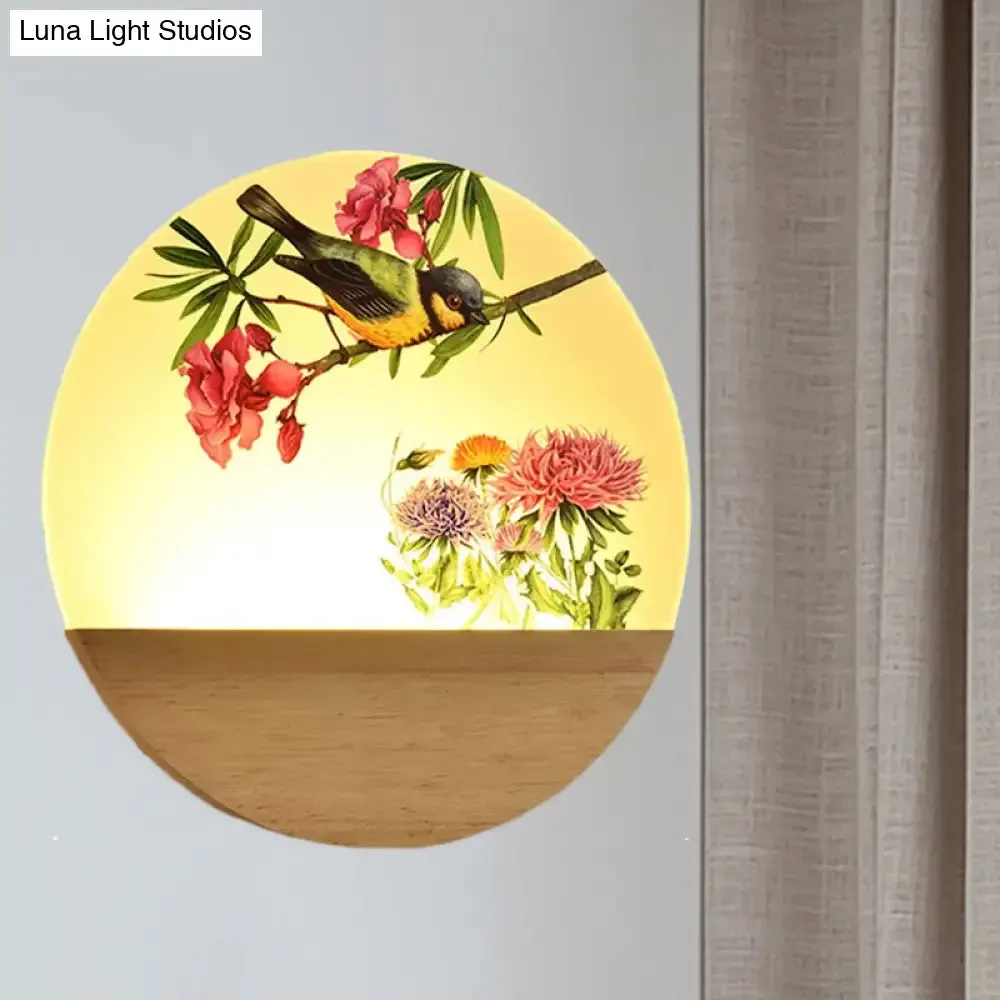 Chinese Style Wood Round Bird and Tree LED Acrylic Wall Light - Ideal Bedside Lighting