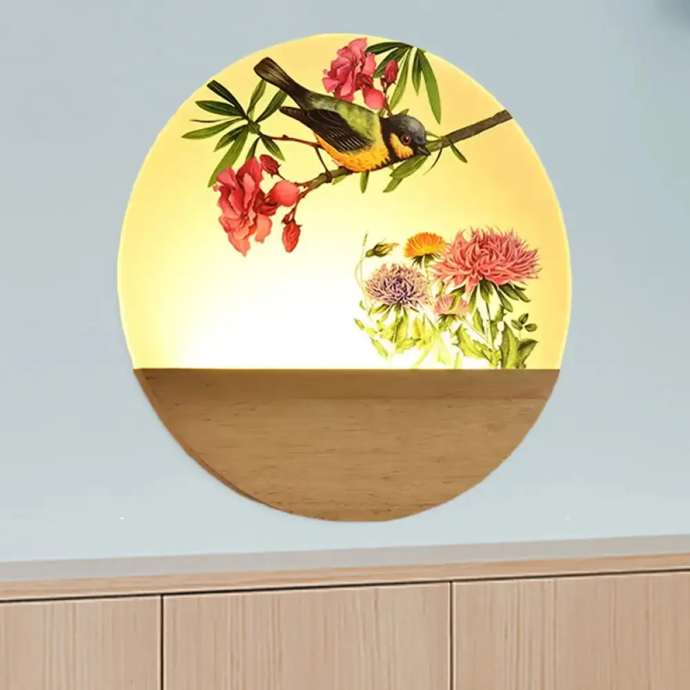 Chinese Style Wood Round Bird and Tree LED Acrylic Wall Light - Ideal Bedside Lighting