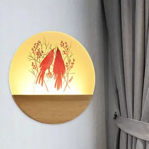 Chinese Style Wood Round Bird and Tree LED Acrylic Wall Light - Ideal Bedside Lighting