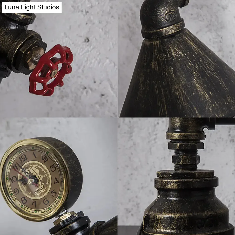 Conic Metal Shade Table Lamp - Industrial Style, 1 Light, Red Valve and Clock Deco - Bronze