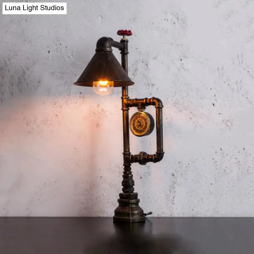 Conic Metal Shade Table Lamp - Industrial Style, 1 Light, Red Valve and Clock Deco - Bronze