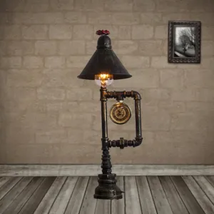 Conic Metal Shade Table Lamp - Industrial Style, 1 Light, Red Valve and Clock Deco - Bronze