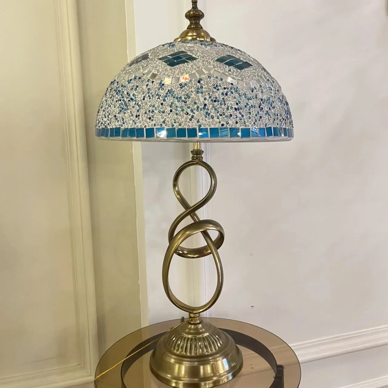 Contemporary Coastal Half Round Iron Stained Glass 2-Light Table Lamp For Bedroom