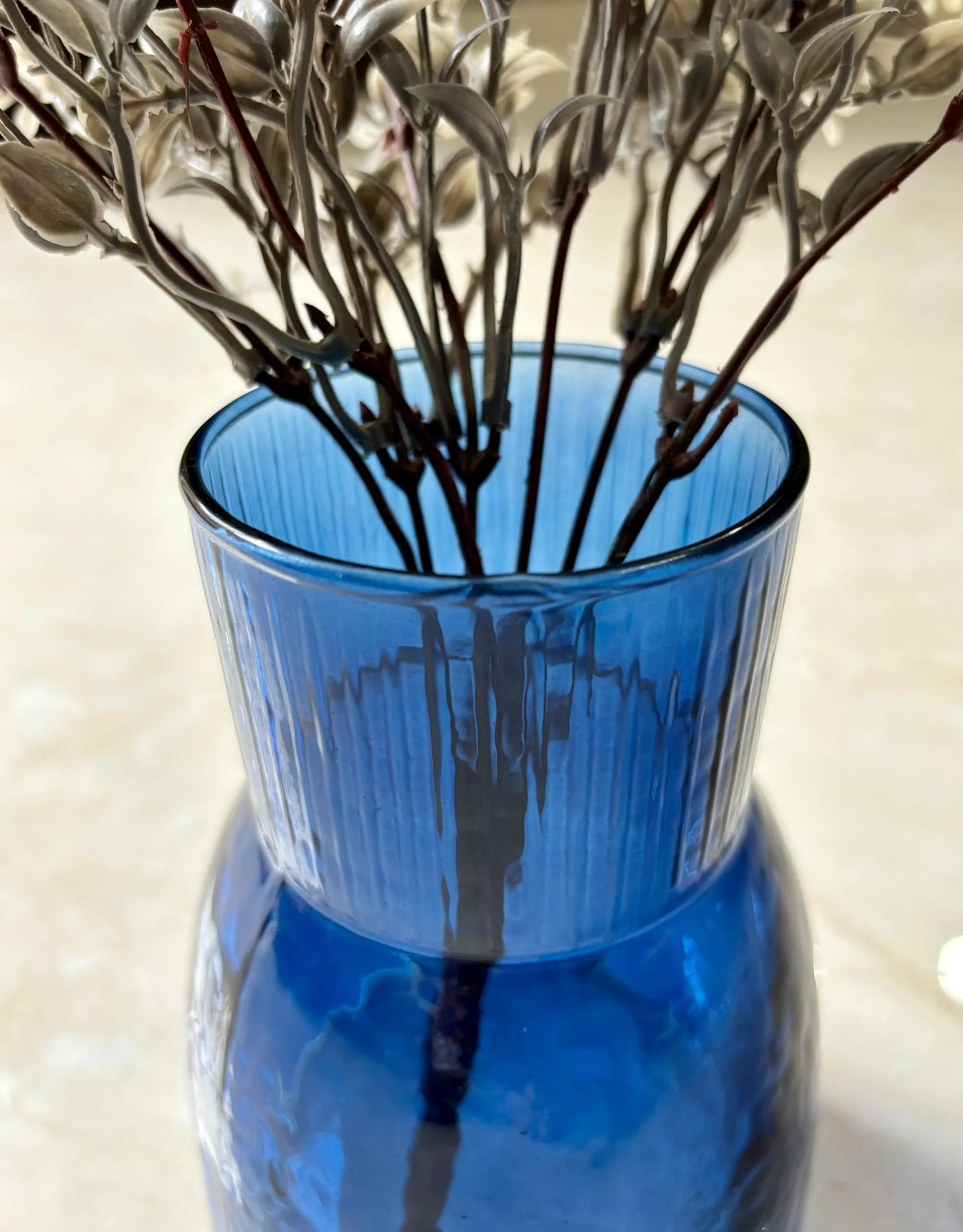 DAZZLEBERRY Blue Glass Vase Upper Top Ribbed Style Modern Flower Vase Home Decor | Living Room | Wedding Arrangements | Restaurant | Office Table Top (6 Inch Height, Only Glass Vase)