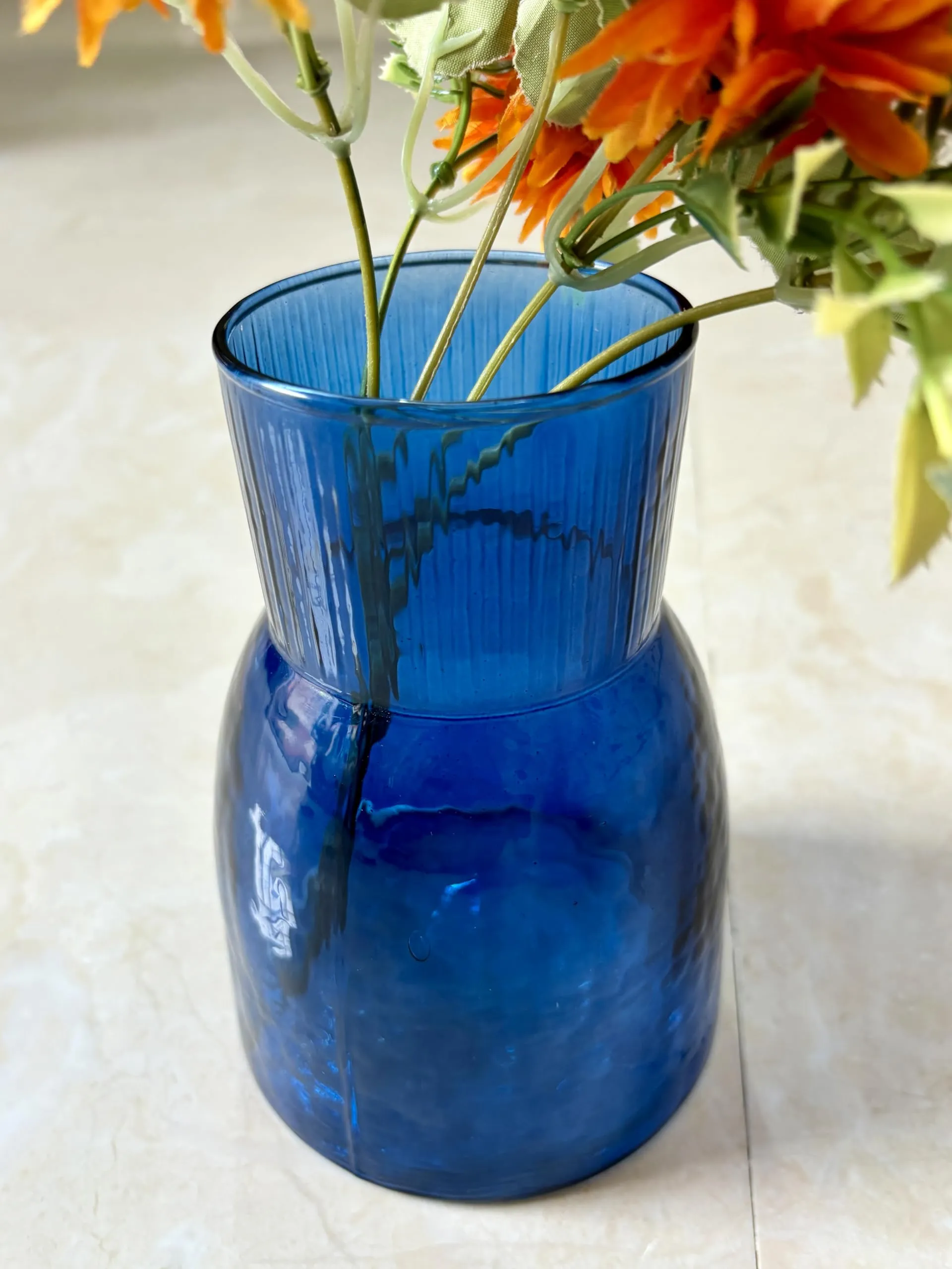 DAZZLEBERRY Blue Glass Vase Upper Top Ribbed Style Modern Flower Vase Home Decor | Living Room | Wedding Arrangements | Restaurant | Office Table Top (6 Inch Height, Only Glass Vase)