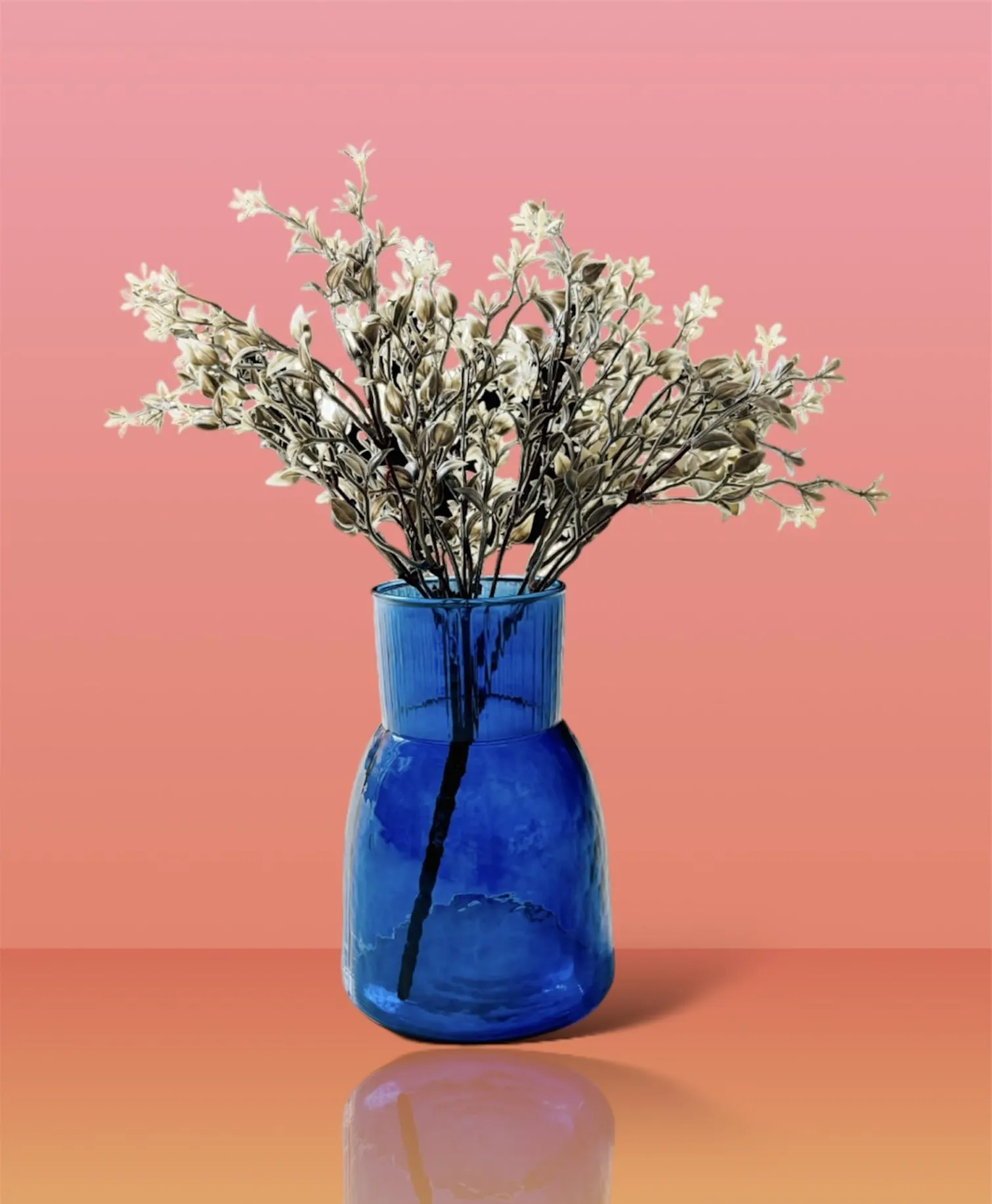 DAZZLEBERRY Blue Glass Vase Upper Top Ribbed Style Modern Flower Vase Home Decor | Living Room | Wedding Arrangements | Restaurant | Office Table Top (6 Inch Height, Only Glass Vase)