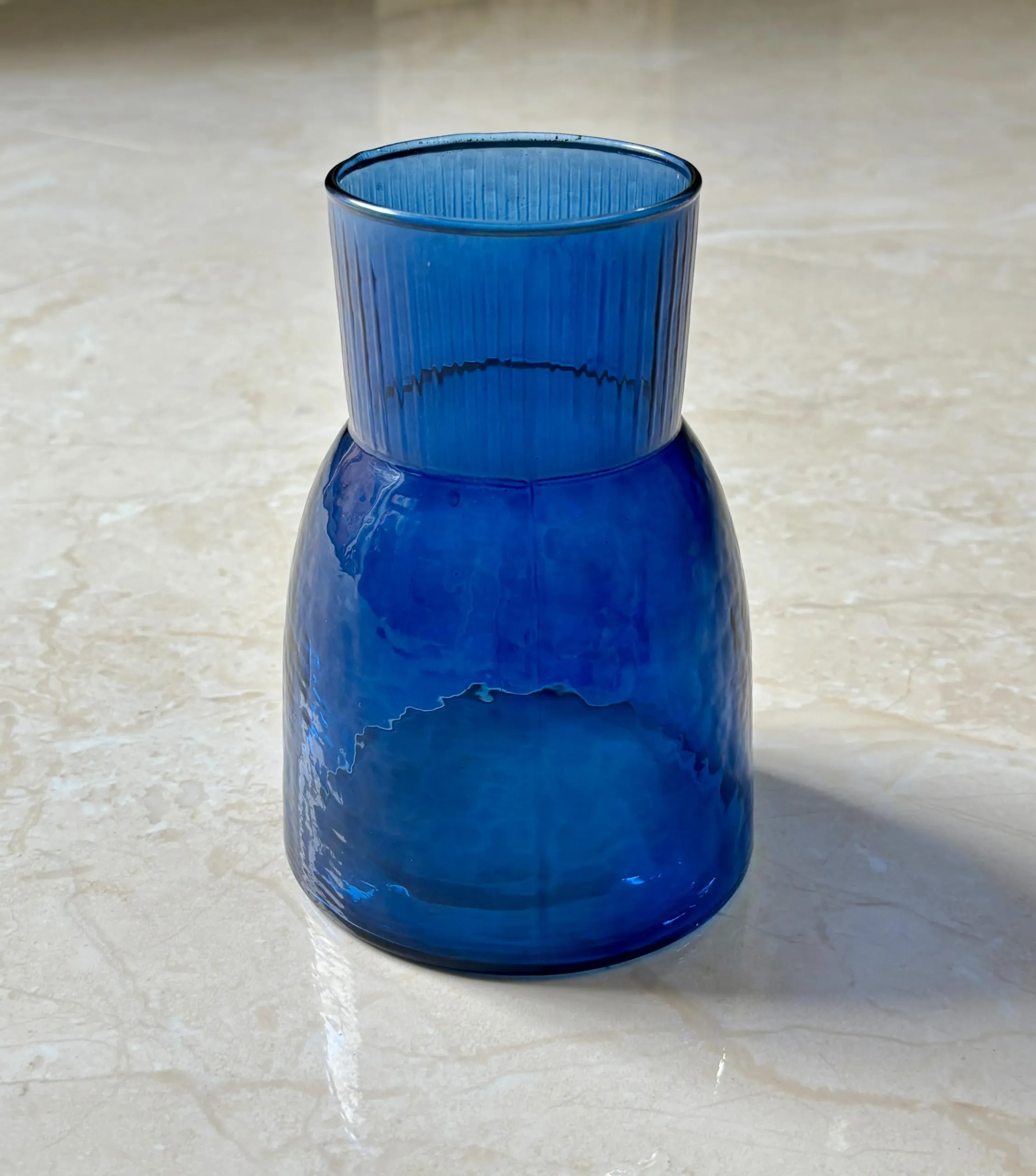 DAZZLEBERRY Blue Glass Vase Upper Top Ribbed Style Modern Flower Vase Home Decor | Living Room | Wedding Arrangements | Restaurant | Office Table Top (6 Inch Height, Only Glass Vase)