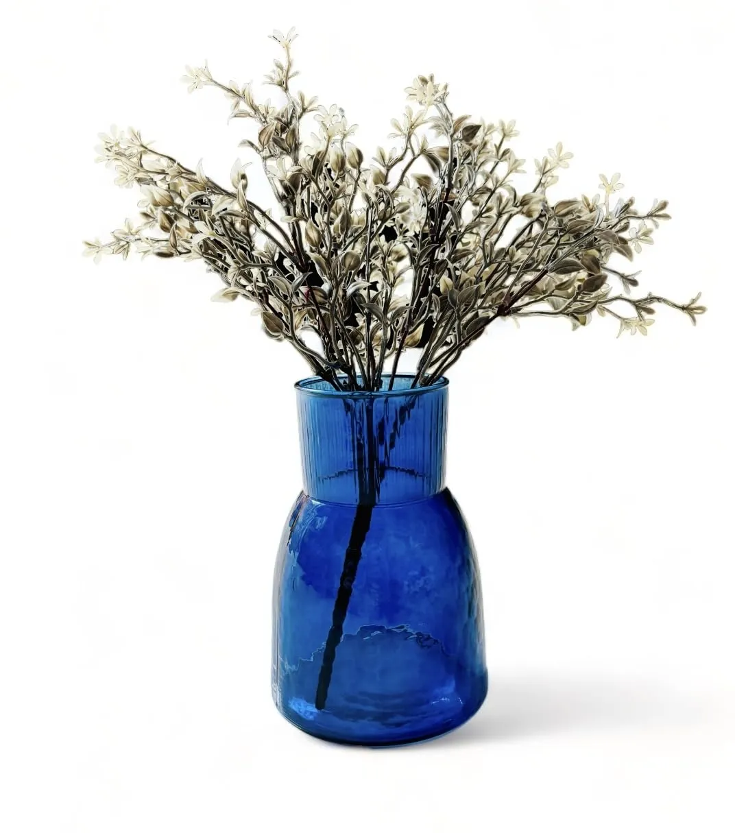 DAZZLEBERRY Blue Glass Vase Upper Top Ribbed Style Modern Flower Vase Home Decor | Living Room | Wedding Arrangements | Restaurant | Office Table Top (6 Inch Height, Only Glass Vase)