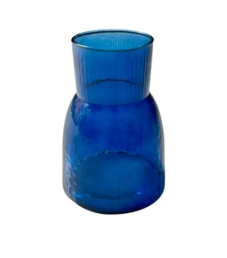 DAZZLEBERRY Blue Glass Vase Upper Top Ribbed Style Modern Flower Vase Home Decor | Living Room | Wedding Arrangements | Restaurant | Office Table Top (6 Inch Height, Only Glass Vase)