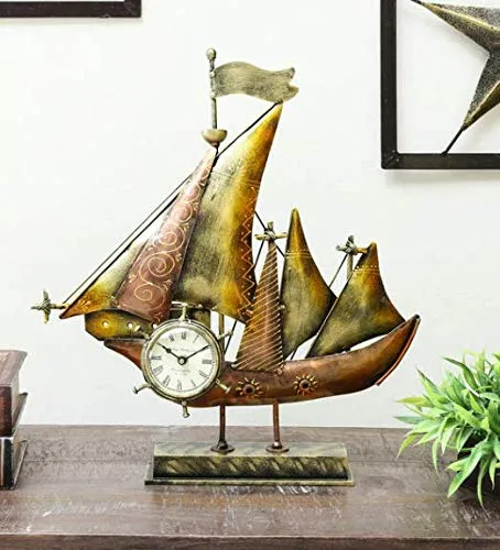 DESERT ART Iron Decorative Ship Miniature Analog Table Clock for Home Decor (33.02 X12.7 X22.86) CM