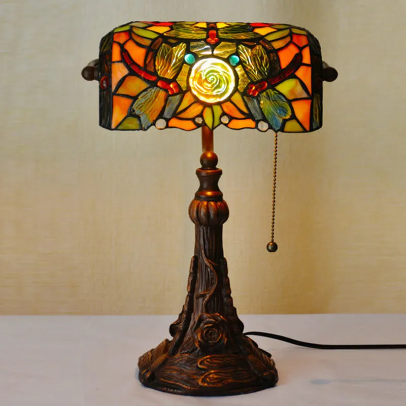Dragonfly and Flower Cut Glass Tiffany Style Nightstand Lamp - 1-Light Yellow Pull Chain