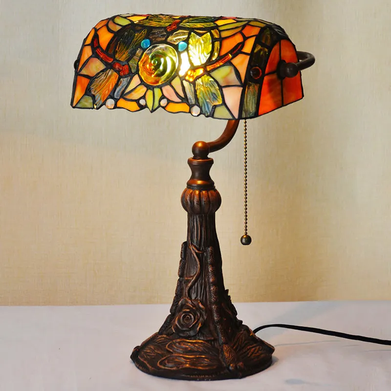 Dragonfly and Flower Cut Glass Tiffany Style Nightstand Lamp - 1-Light Yellow Pull Chain