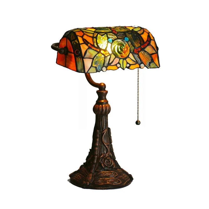 Dragonfly and Flower Cut Glass Tiffany Style Nightstand Lamp - 1-Light Yellow Pull Chain